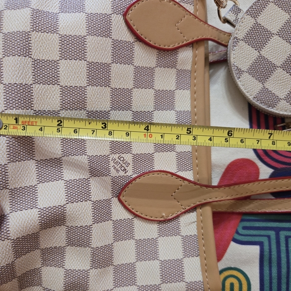 Designer-Inspired Cream and Tan Check Mini Tote with Round Coin Pouch - Picture 7 of 7